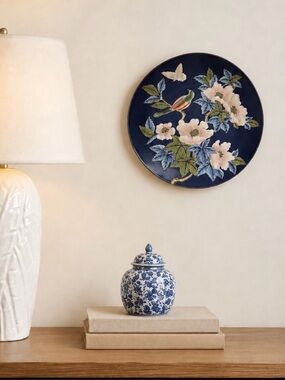 Vintage Blue and Pink Chinoiserie Bird & Floral Decorative Plate